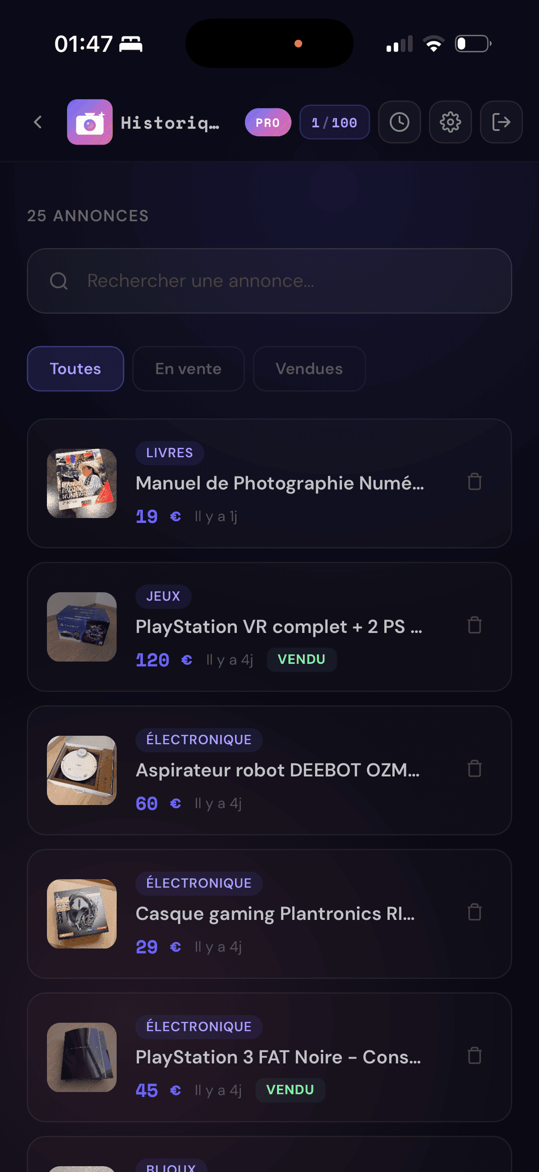 Historique des annonces